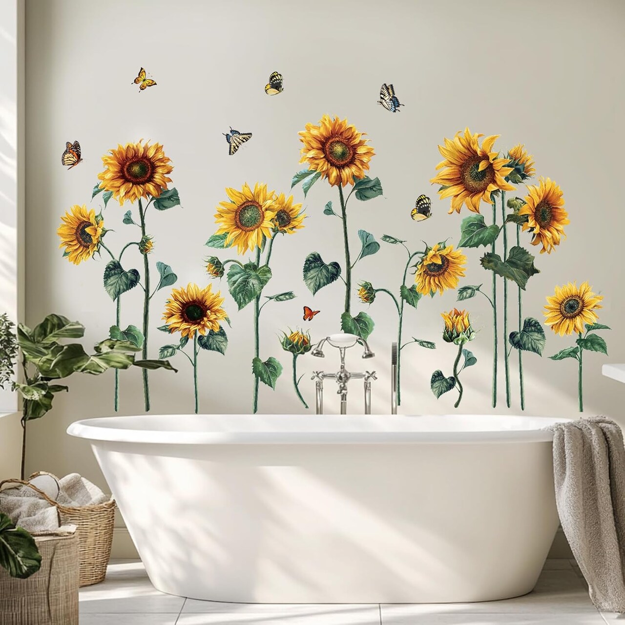 Watercolor Sunflower Wall Sticker Peel and Stick Flower Butterfly Wall Decal